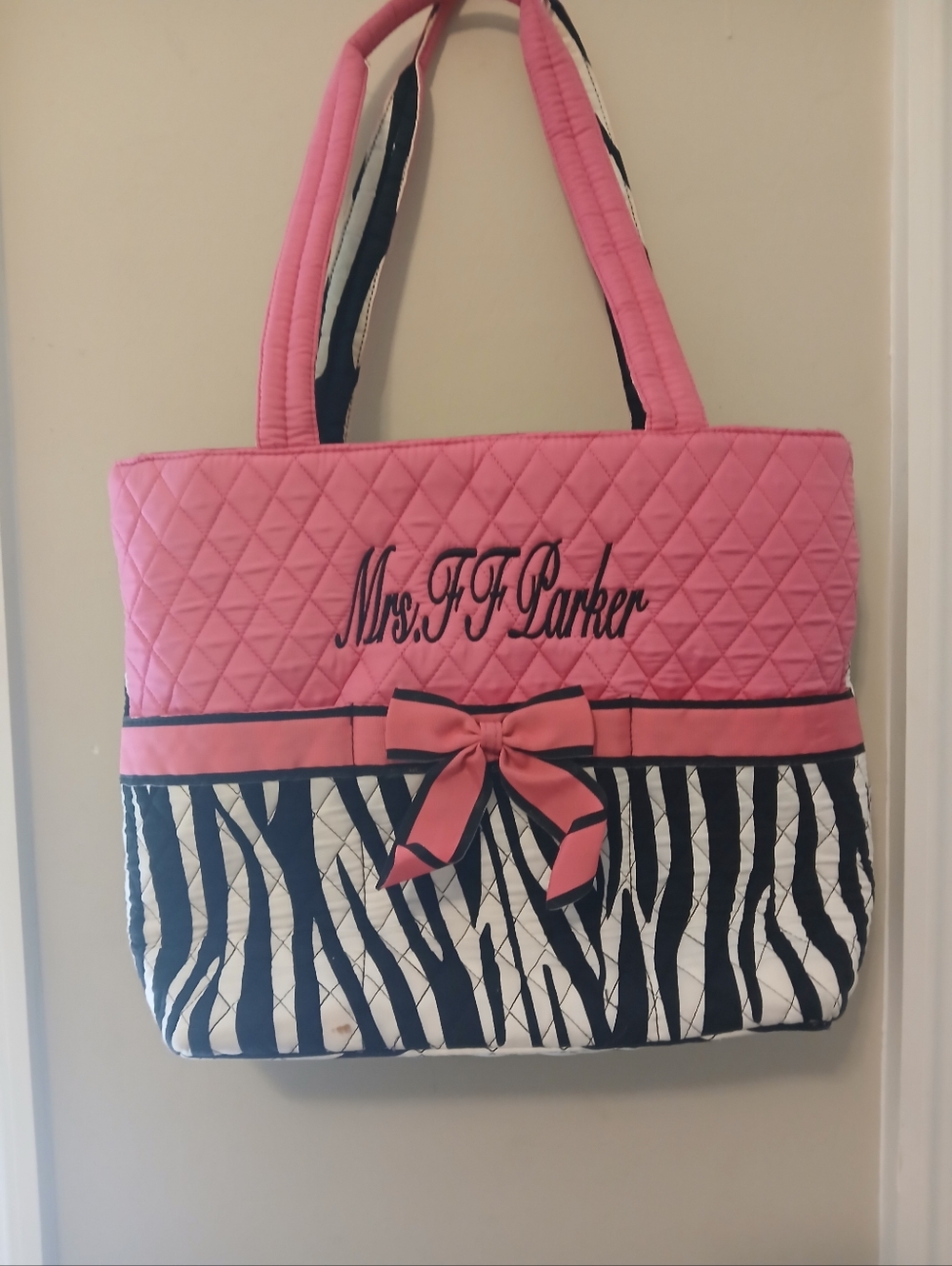 Pre-owned Clean Personalized Pink Quilted Tote with Black Embroidery and Bow